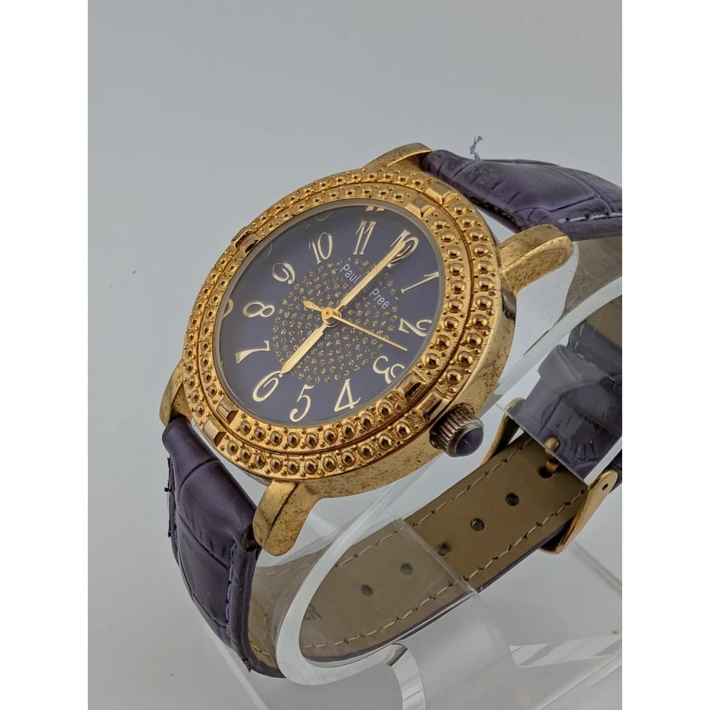 Paul Du Pree Watch Women 37mm Gold Case Purple Leather‎ Band- New Battery